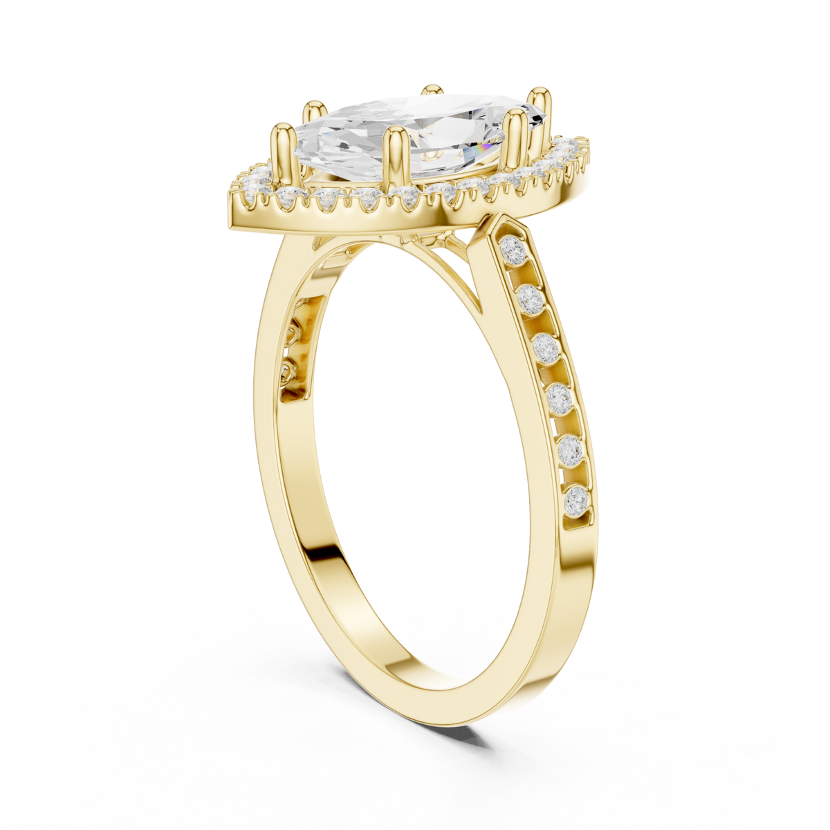 Marquise channel band halo engagement ring yellow gold front view