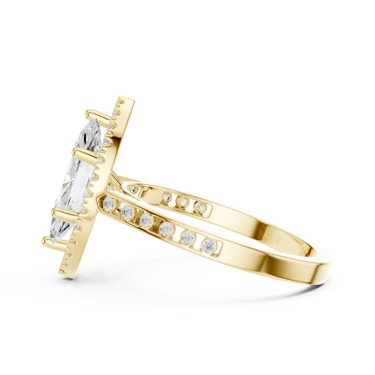 Marquise channel band halo engagement ring yellow gold side view