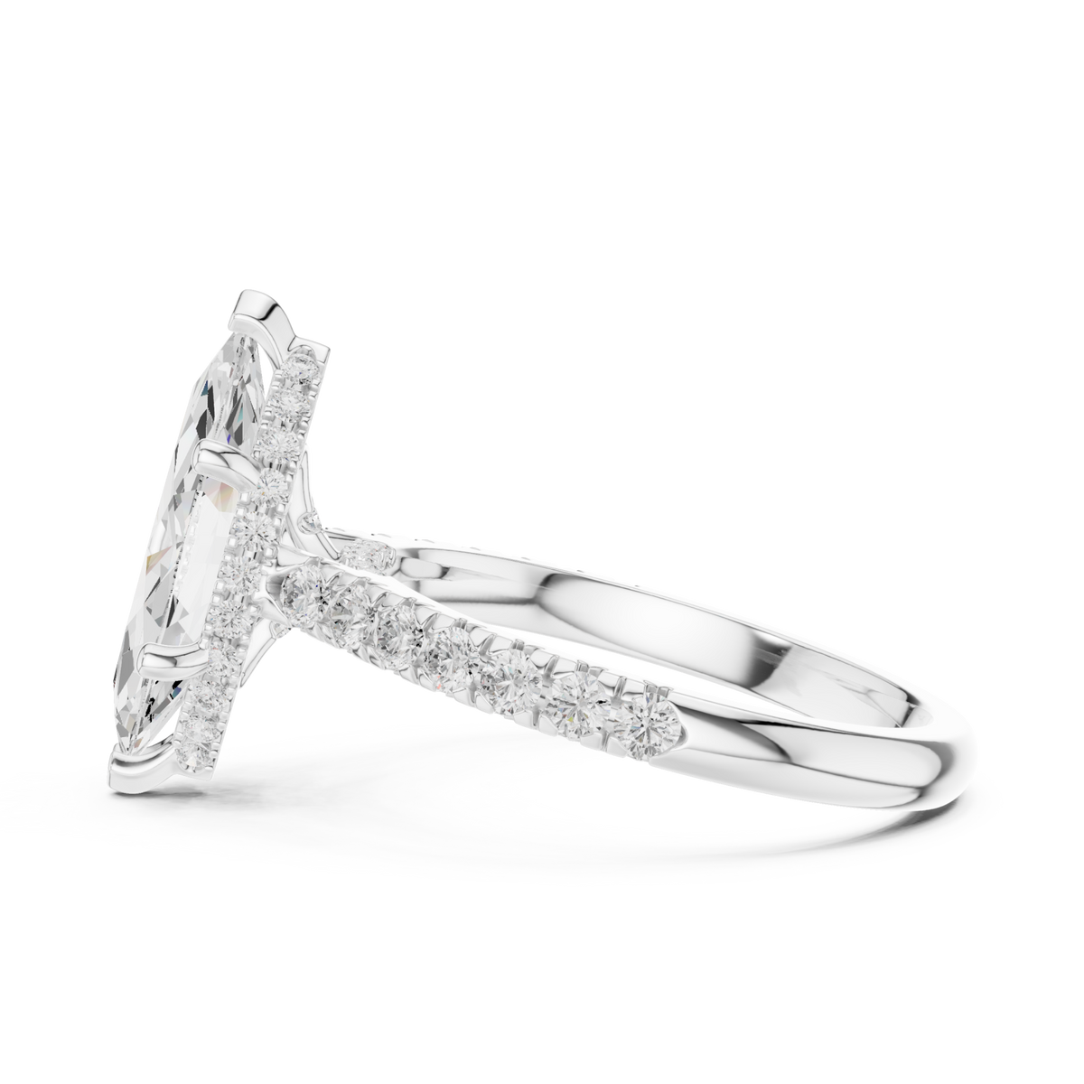Marquise classic hidden halo pave engagement ring white gold side view