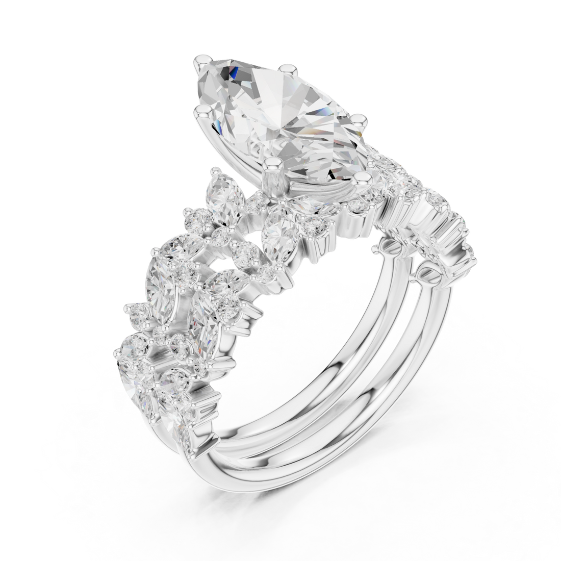 Marquise cluster bridal set white gold front view