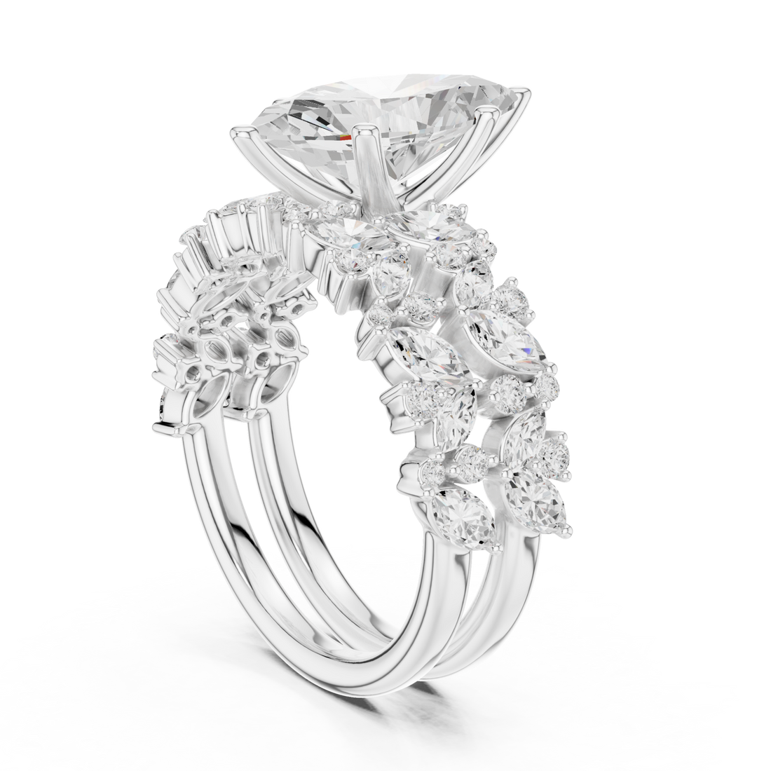 Marquise cluster bridal set white gold front view
