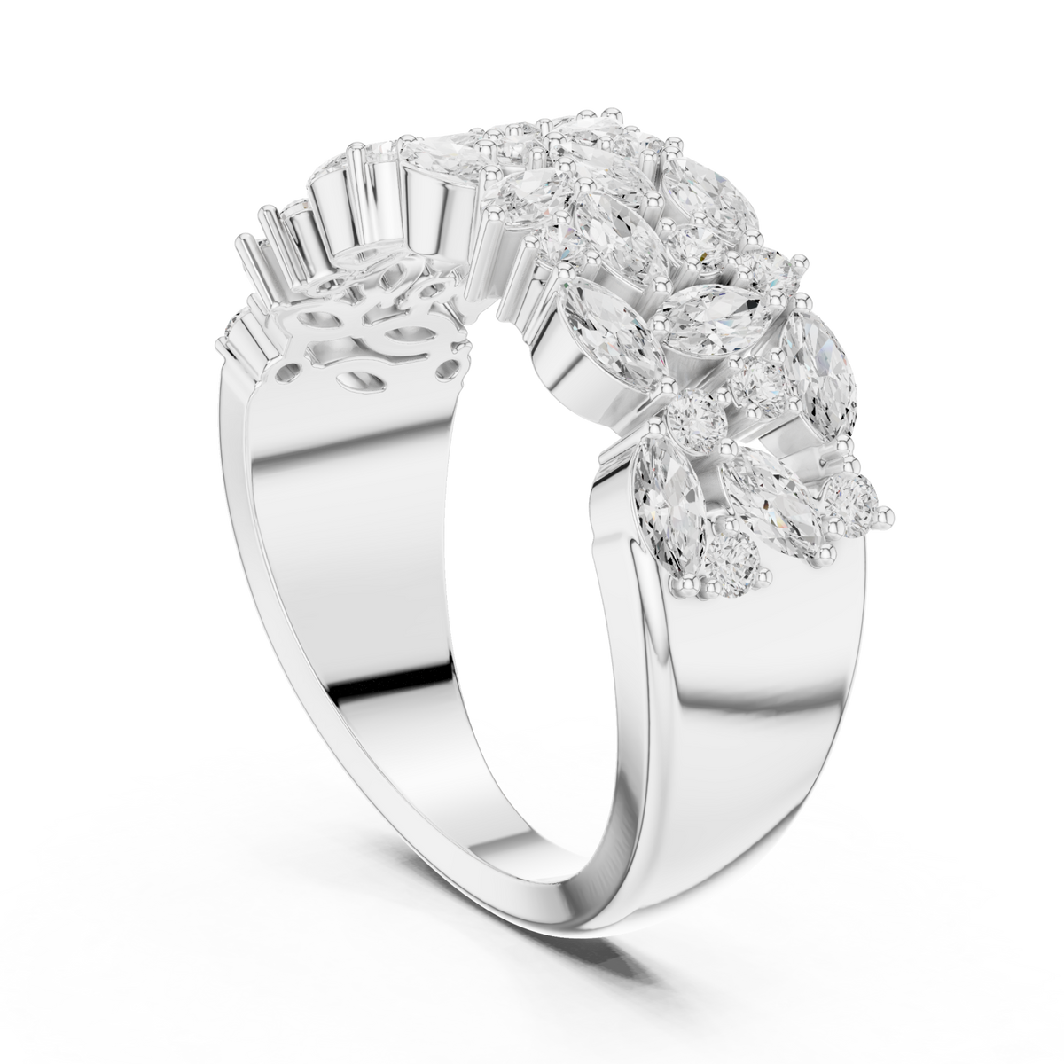 Marquise cluster double row band white gold side view
