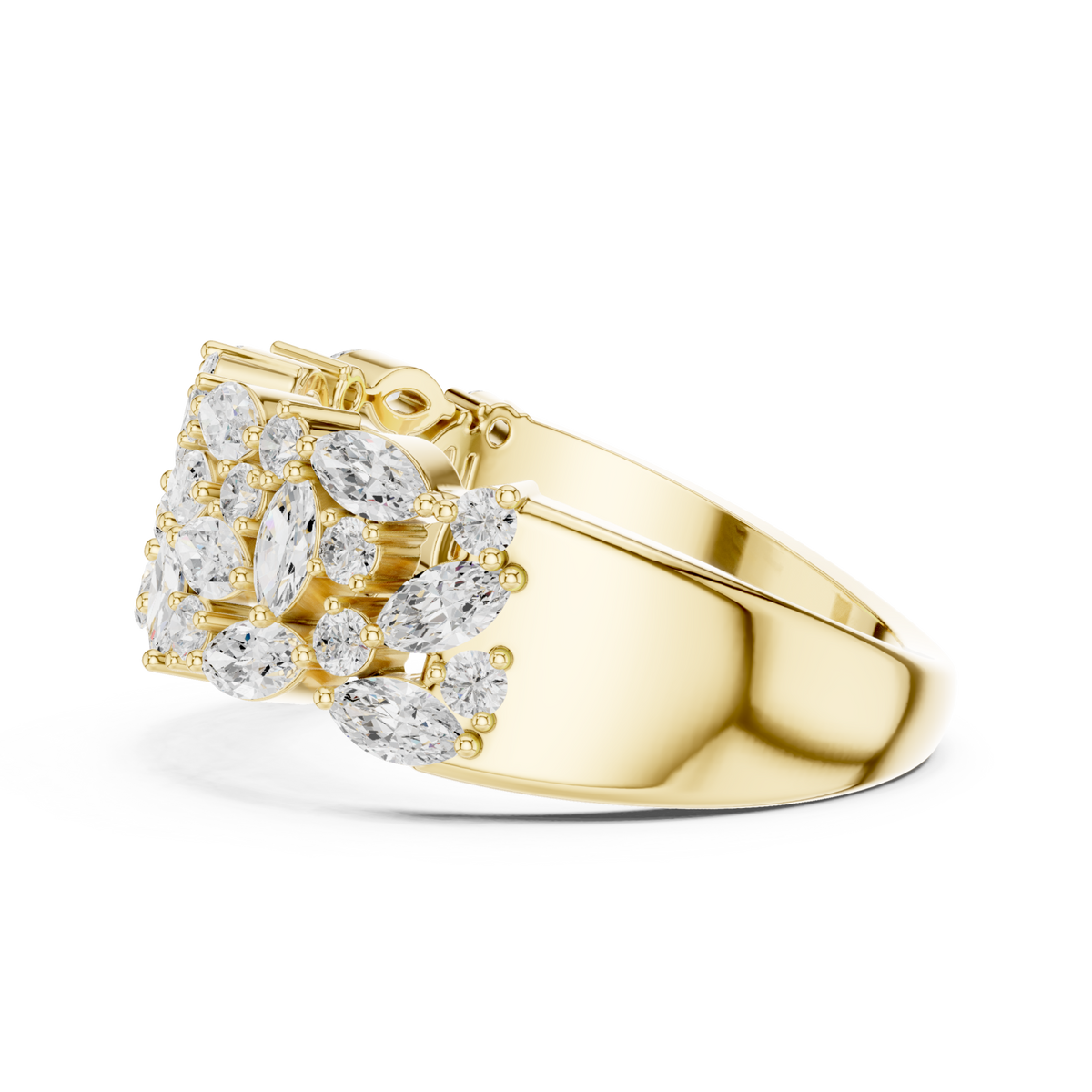 Marquise cluster double row band yellow gold angle view