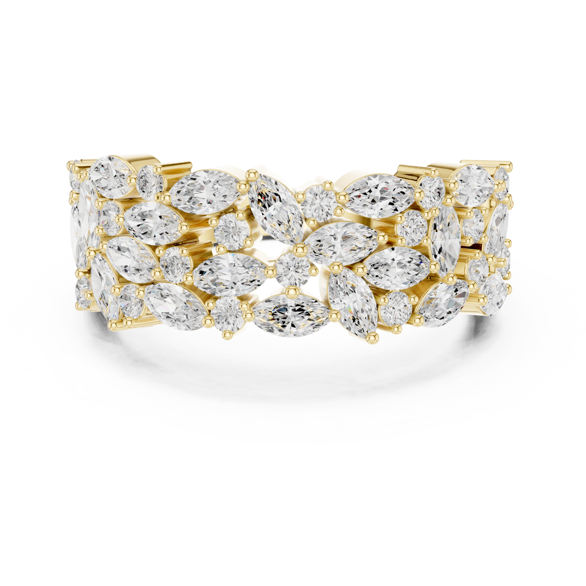 Marquise cluster double row band yellow gold detail view