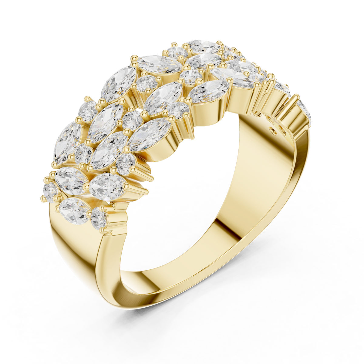 Marquise cluster double row band yellow gold front view