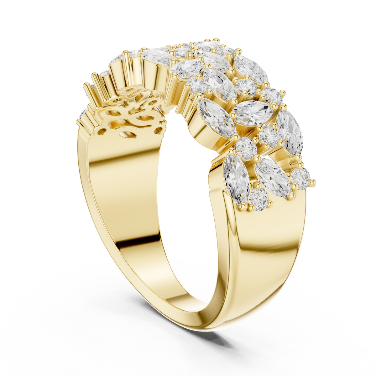 Marquise cluster double row band yellow gold side view
