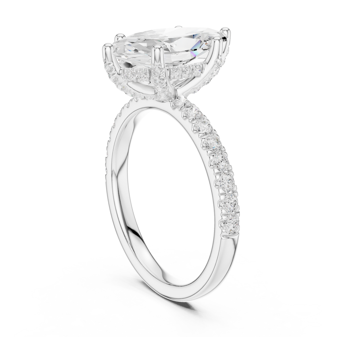 Marquise compass hidden halo pave engagement ring white gold front view