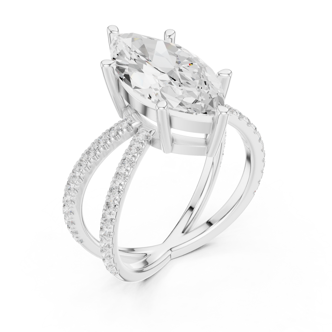 Marquise crossover pave engagement ring white gold front view