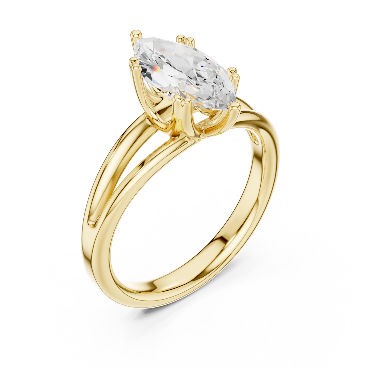 Marquise crossover split shank solitaire engagement ring yellow gold angle view