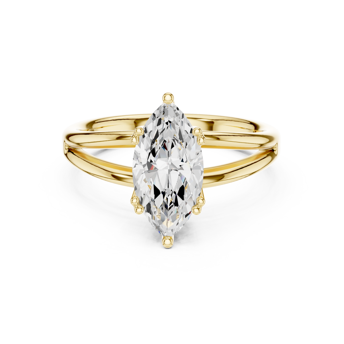 Marquise crossover split shank solitaire engagement ring yellow gold detail view