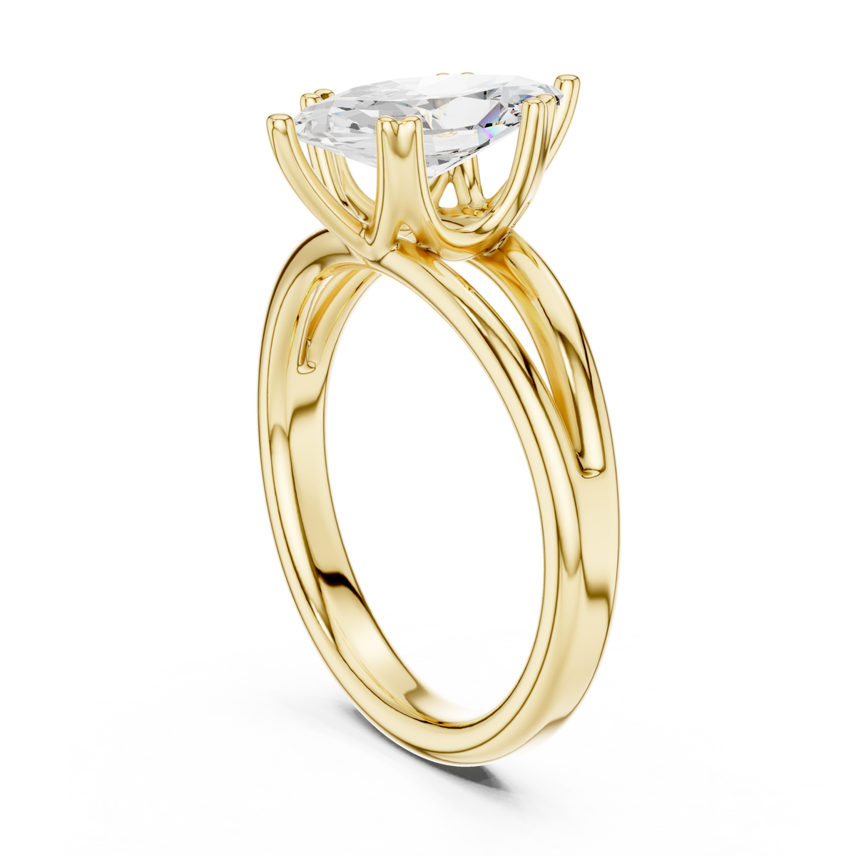 Marquise crossover split shank solitaire engagement ring yellow gold front view