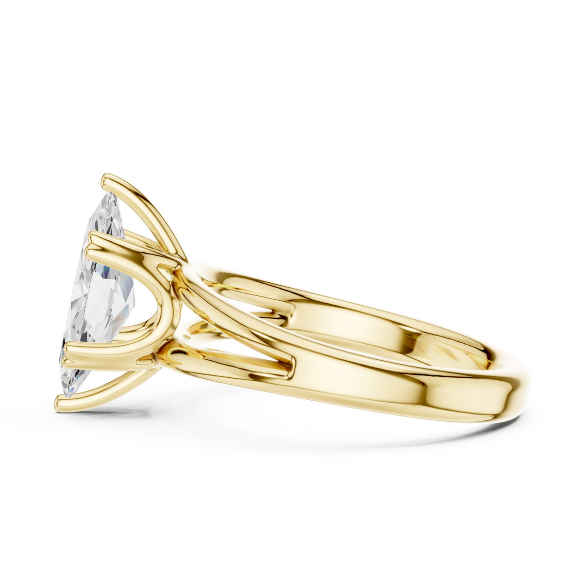 Marquise crossover split shank solitaire engagement ring yellow gold side view