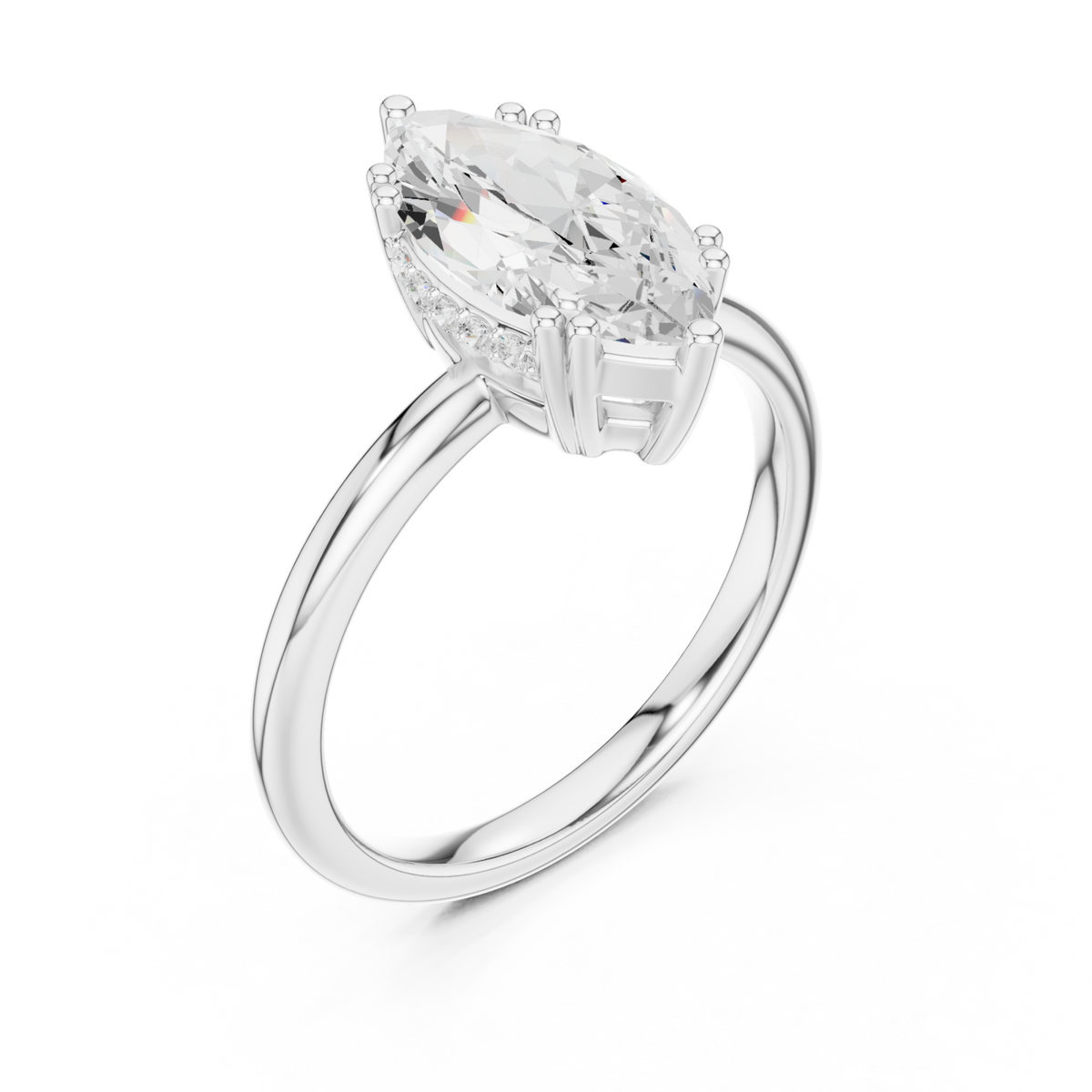 Marquise crown basket solitaire ring white gold front view