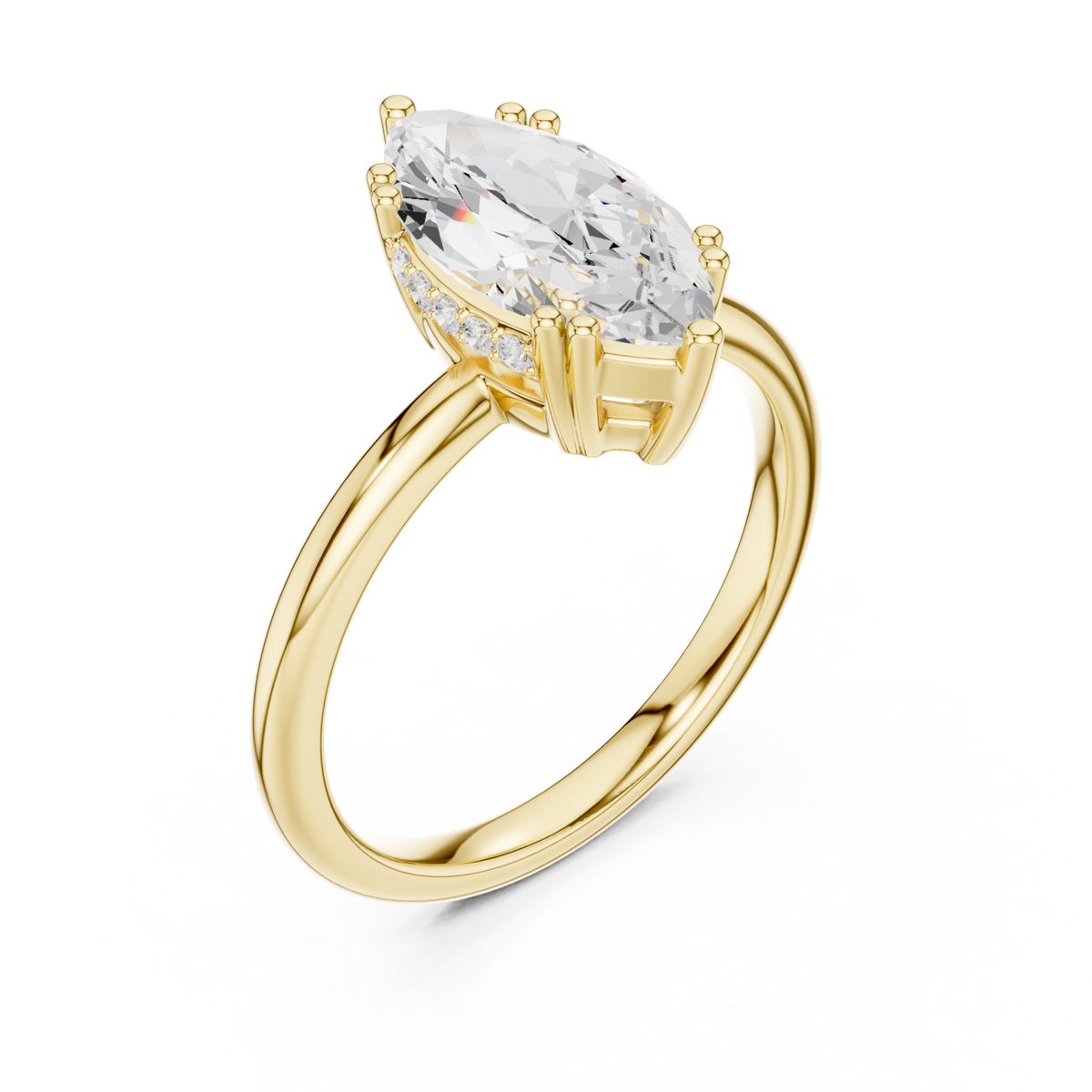 Marquise crown basket solitaire ring yellow gold front view