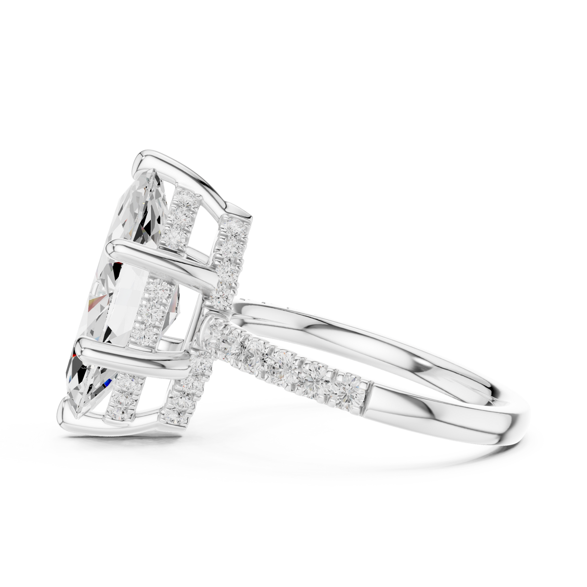 Marquise crown hidden halo pave engagement ring white gold side view
