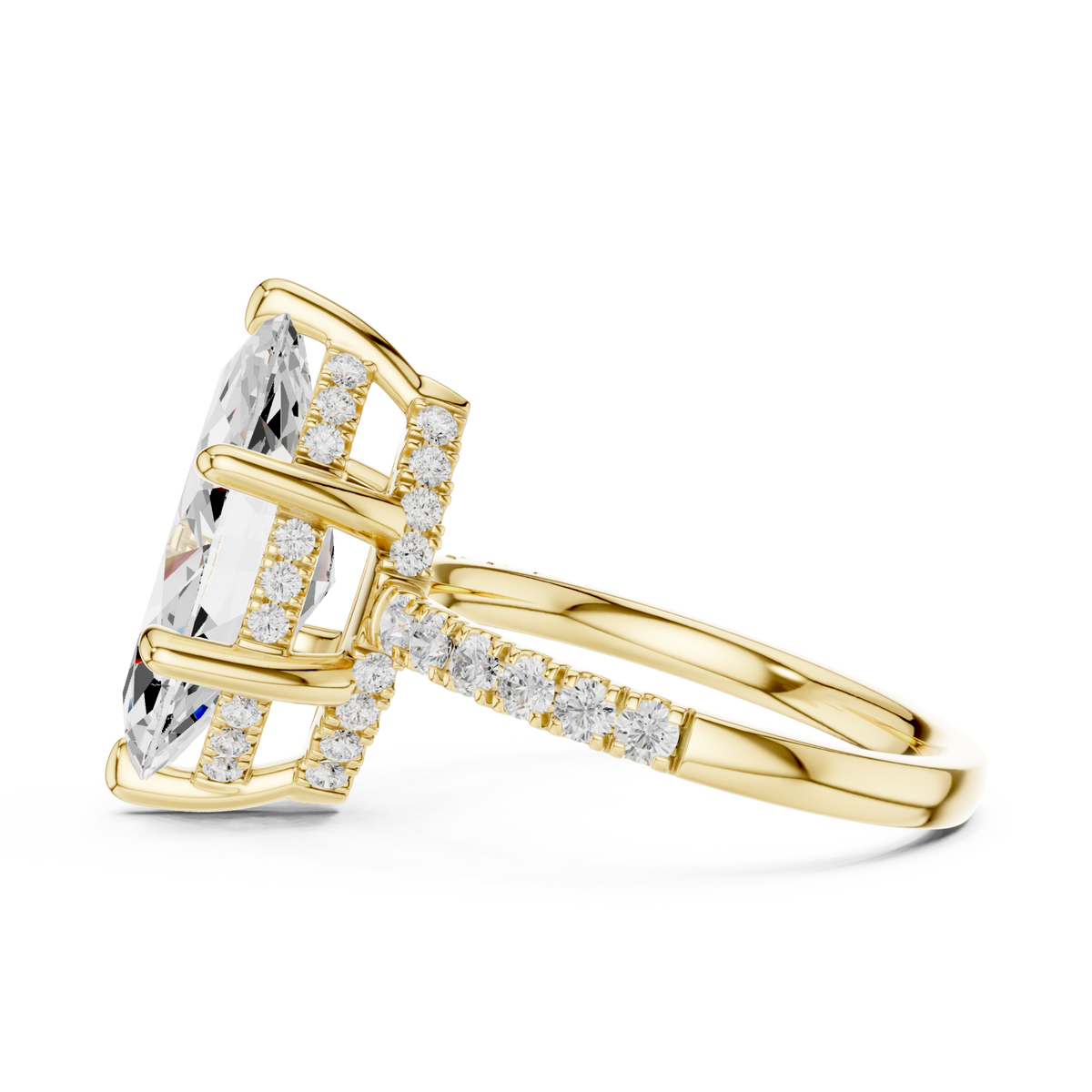 Marquise crown hidden halo pave engagement ring yellow gold side view