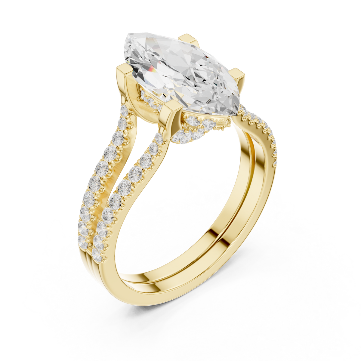 Marquise curved split shank pave engagement ring yellow gold angle view