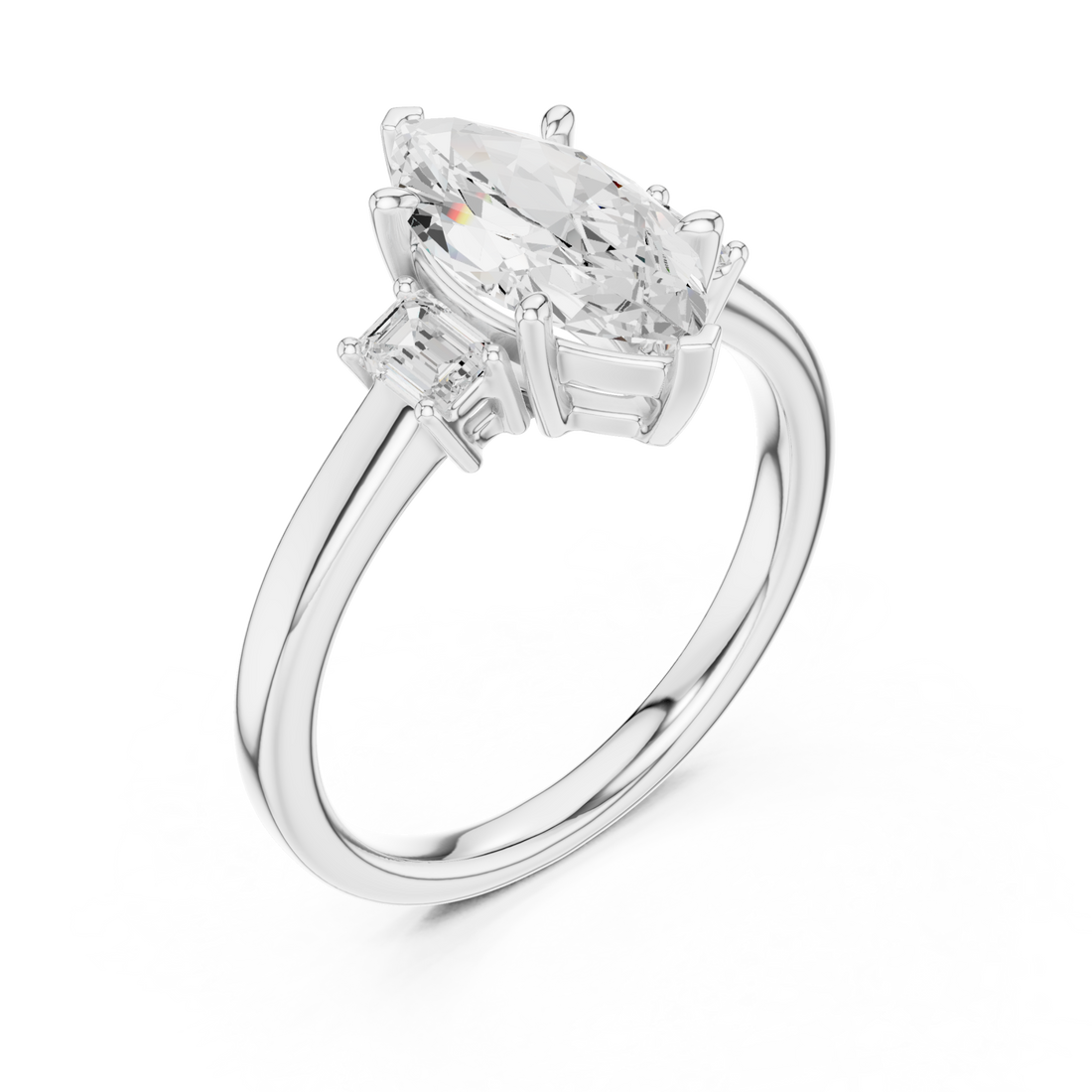 Marquise emerald side three stone engagement ring white gold front view