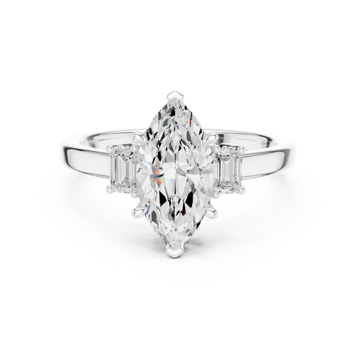 Marquise emerald side three stone engagement ring white gold detail view