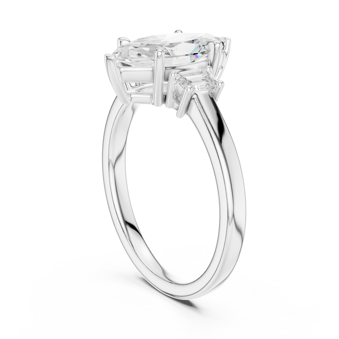 Marquise emerald side three stone engagement ring white gold front view