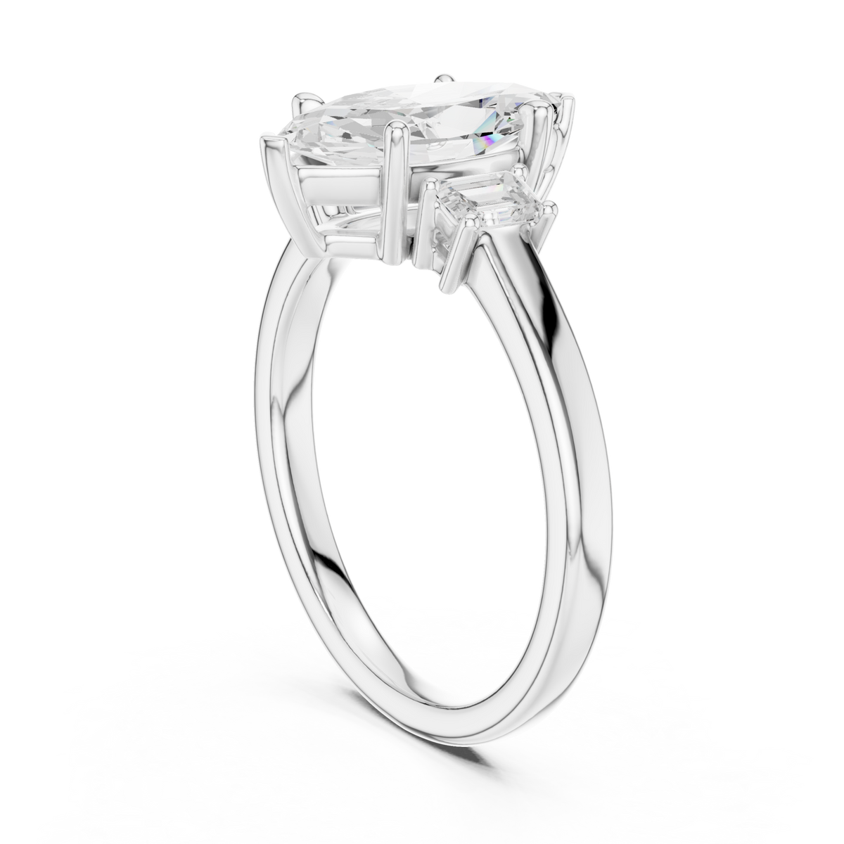 Marquise emerald side three stone engagement ring white gold front view
