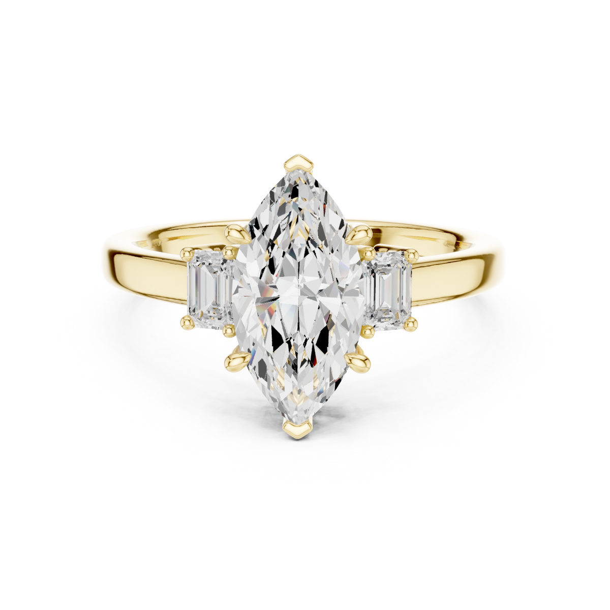Marquise emerald side three stone engagement ring yellow gold detail view