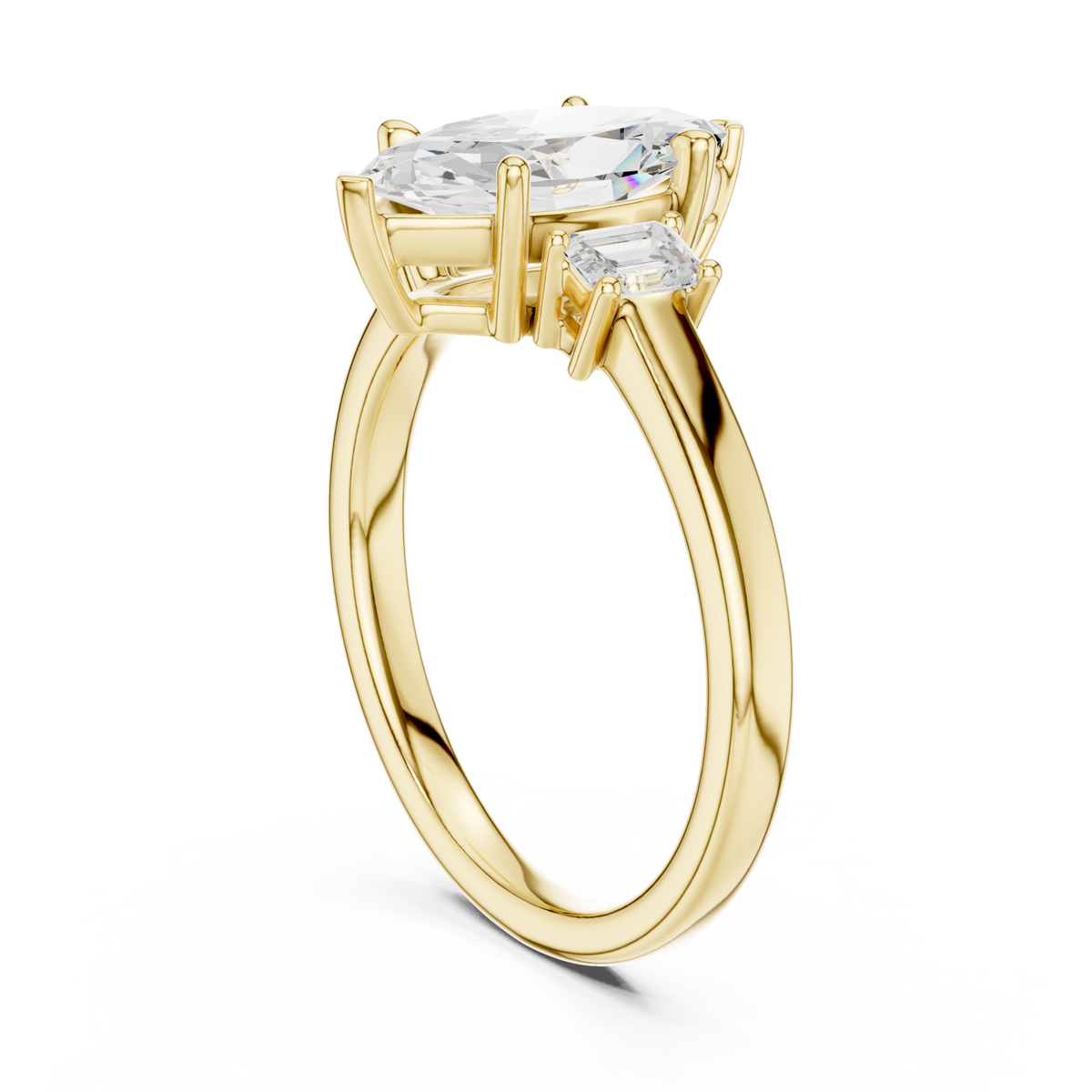 Marquise emerald side three stone engagement ring yellow gold front view