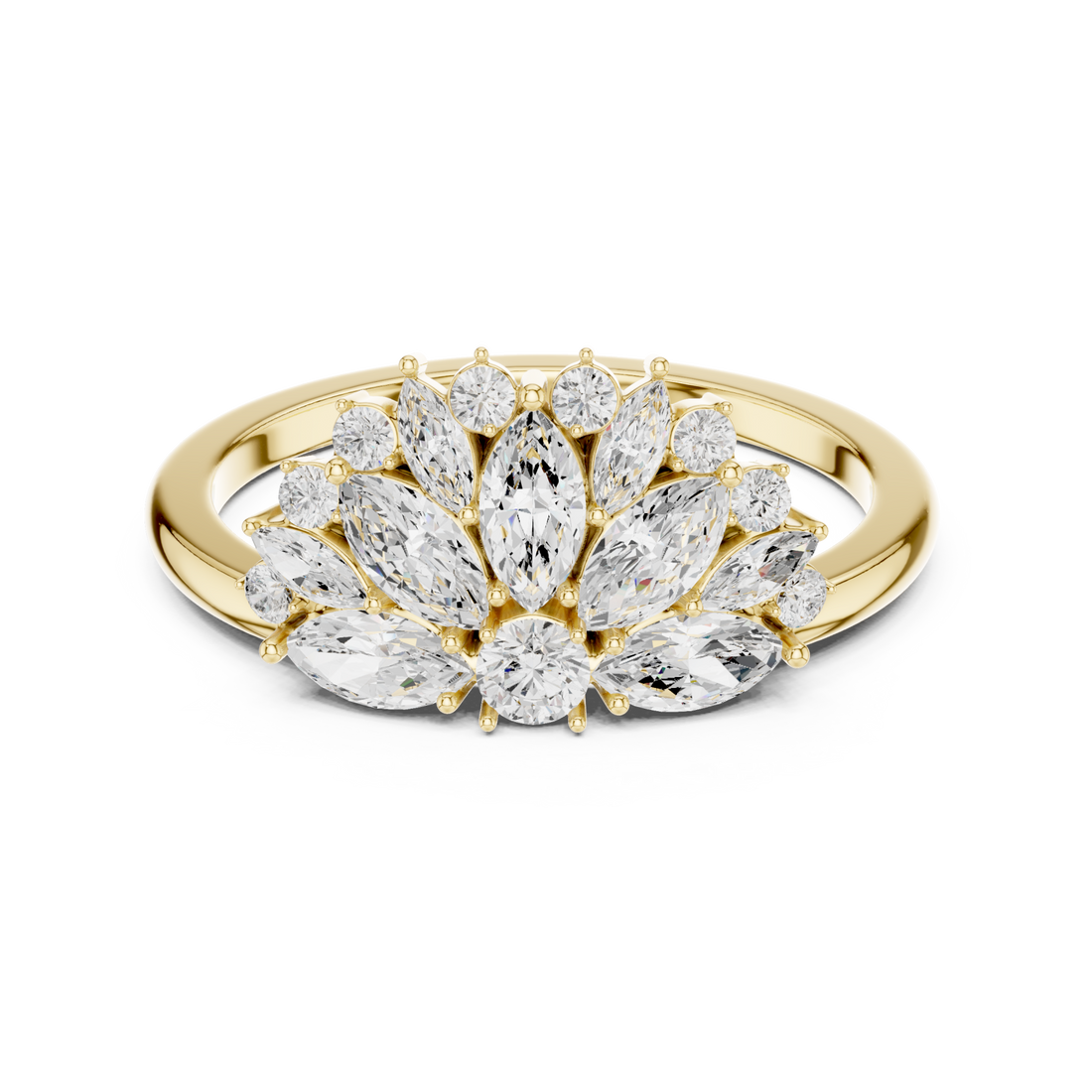 Marquise fan tiara ring yellow gold detail view