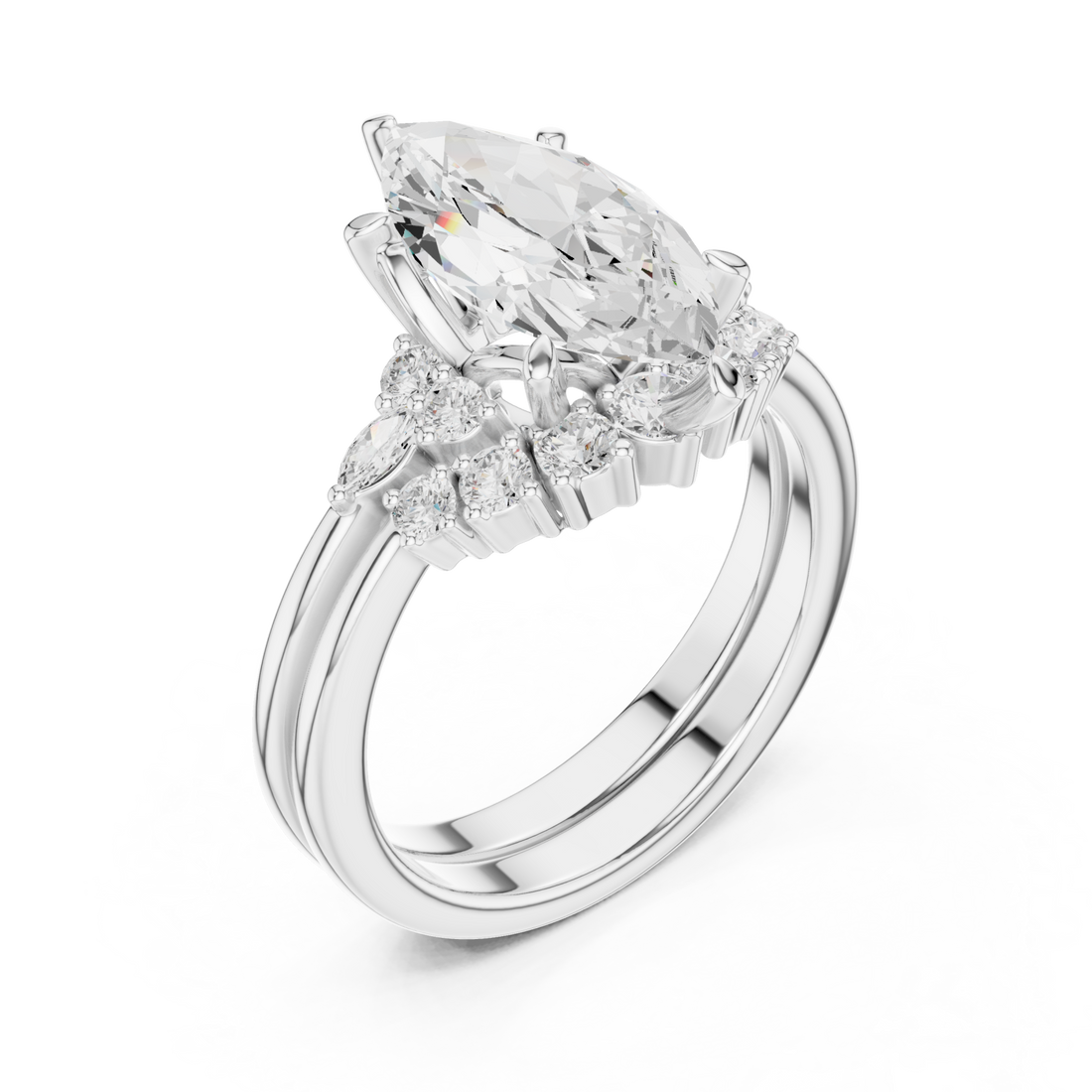 Marquise floral cluster bridal set white gold front view