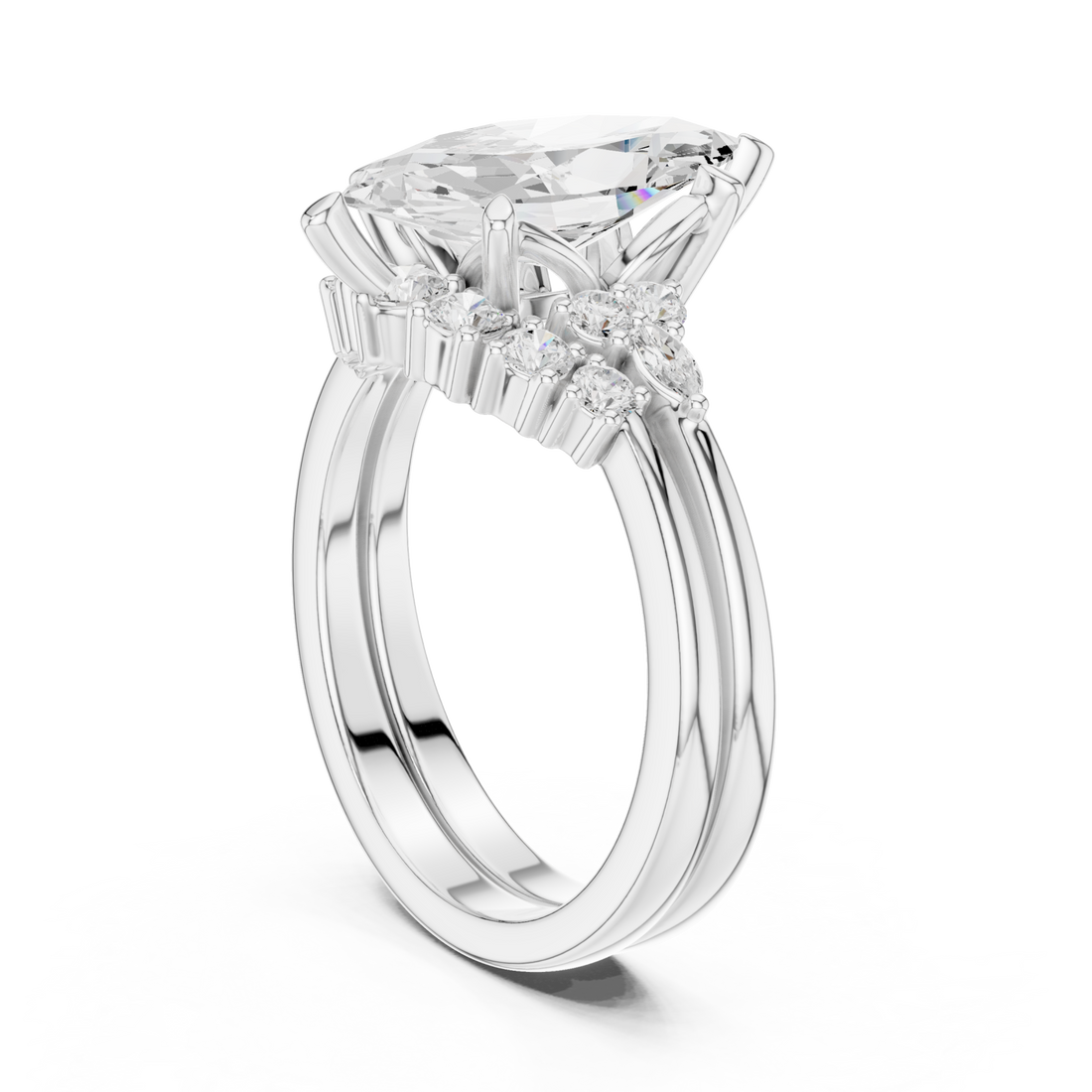Marquise floral cluster bridal set white gold front view