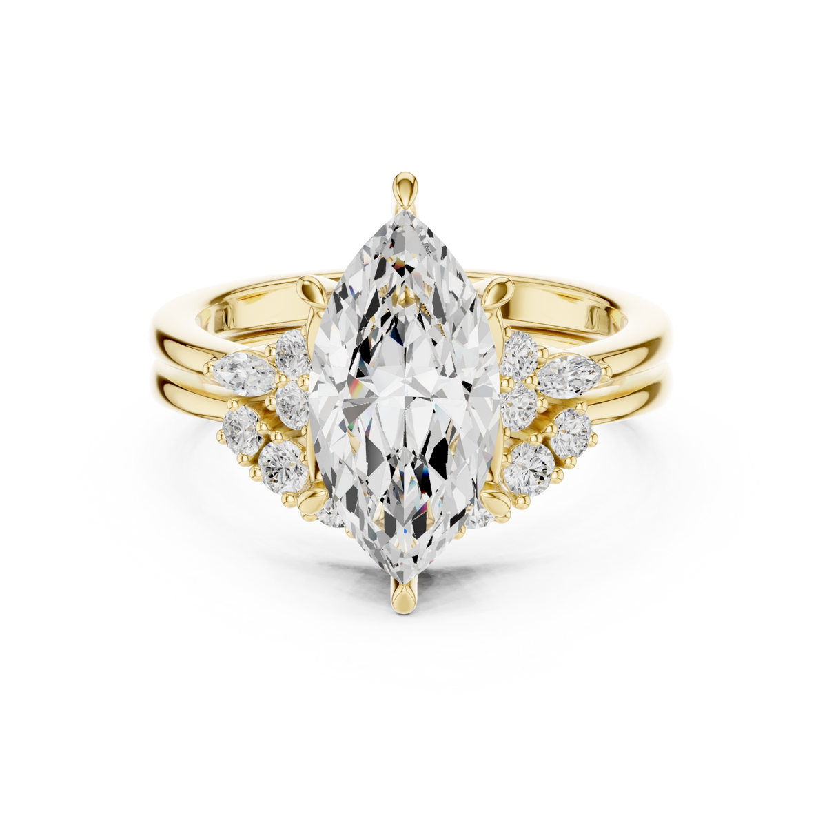 Marquise floral cluster bridal set yellow gold detail view