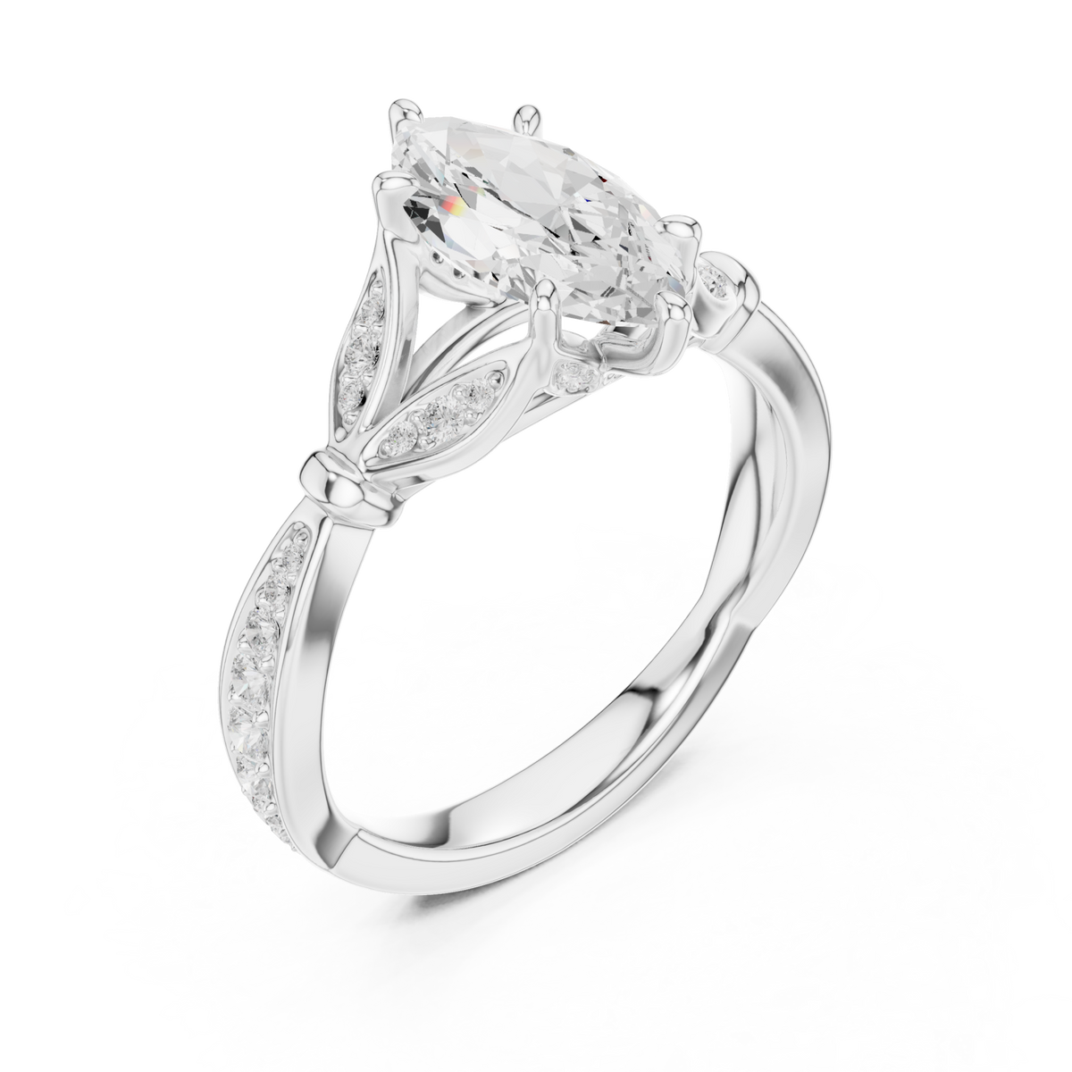 Marquise floral leaf pave engagement ring white gold angle view