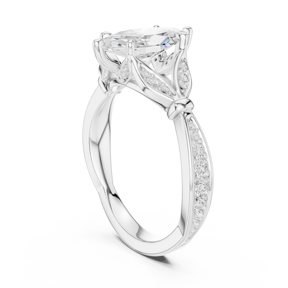 Marquise floral leaf pave engagement ring white gold front view