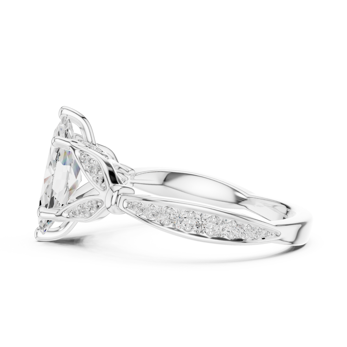 Marquise floral leaf pave engagement ring white gold side view