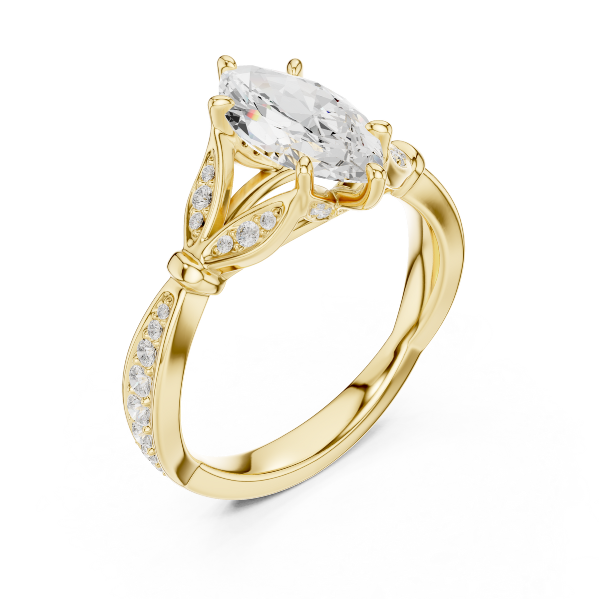 Marquise floral leaf pave engagement ring yellow gold angle view