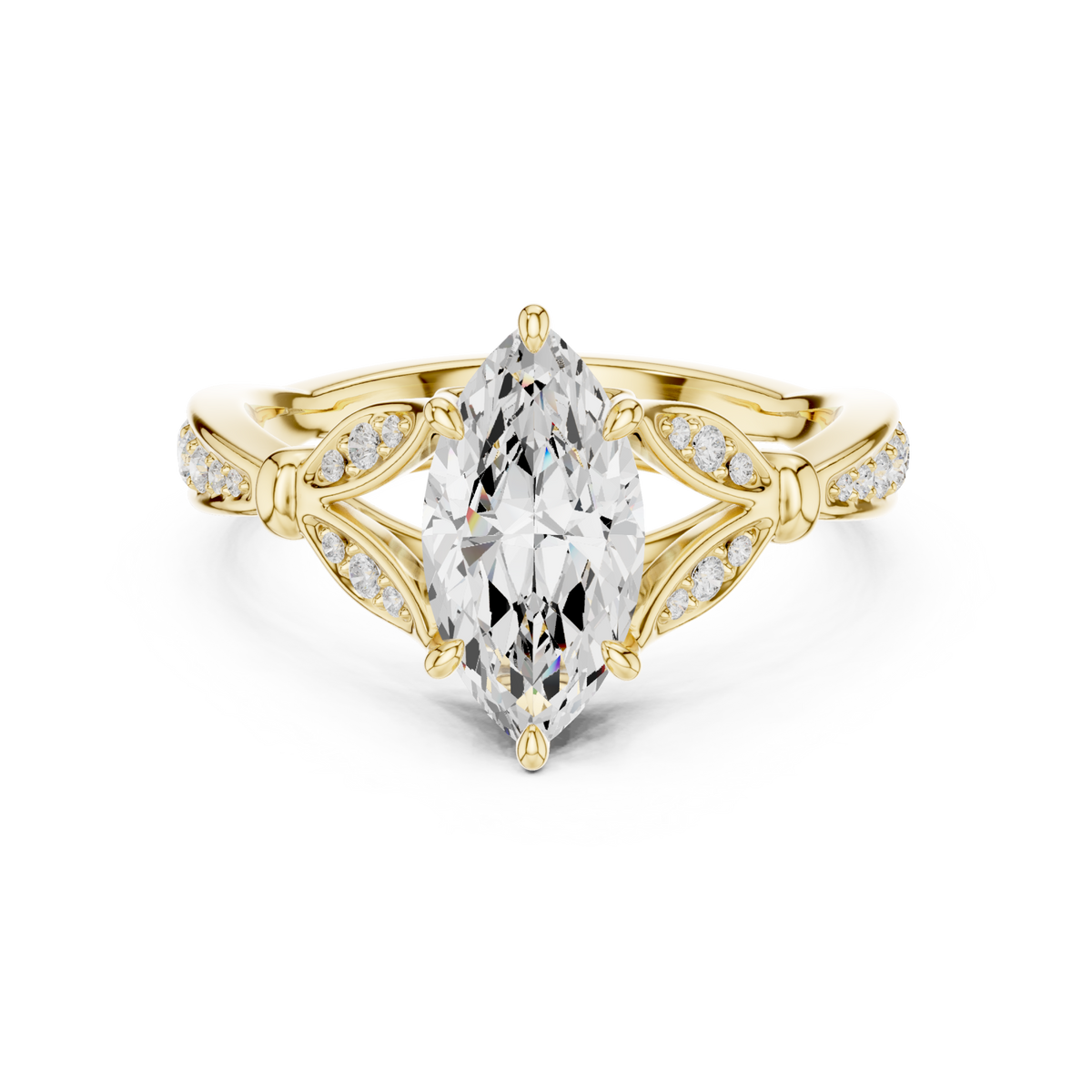 Marquise floral leaf pave engagement ring yellow gold detail view