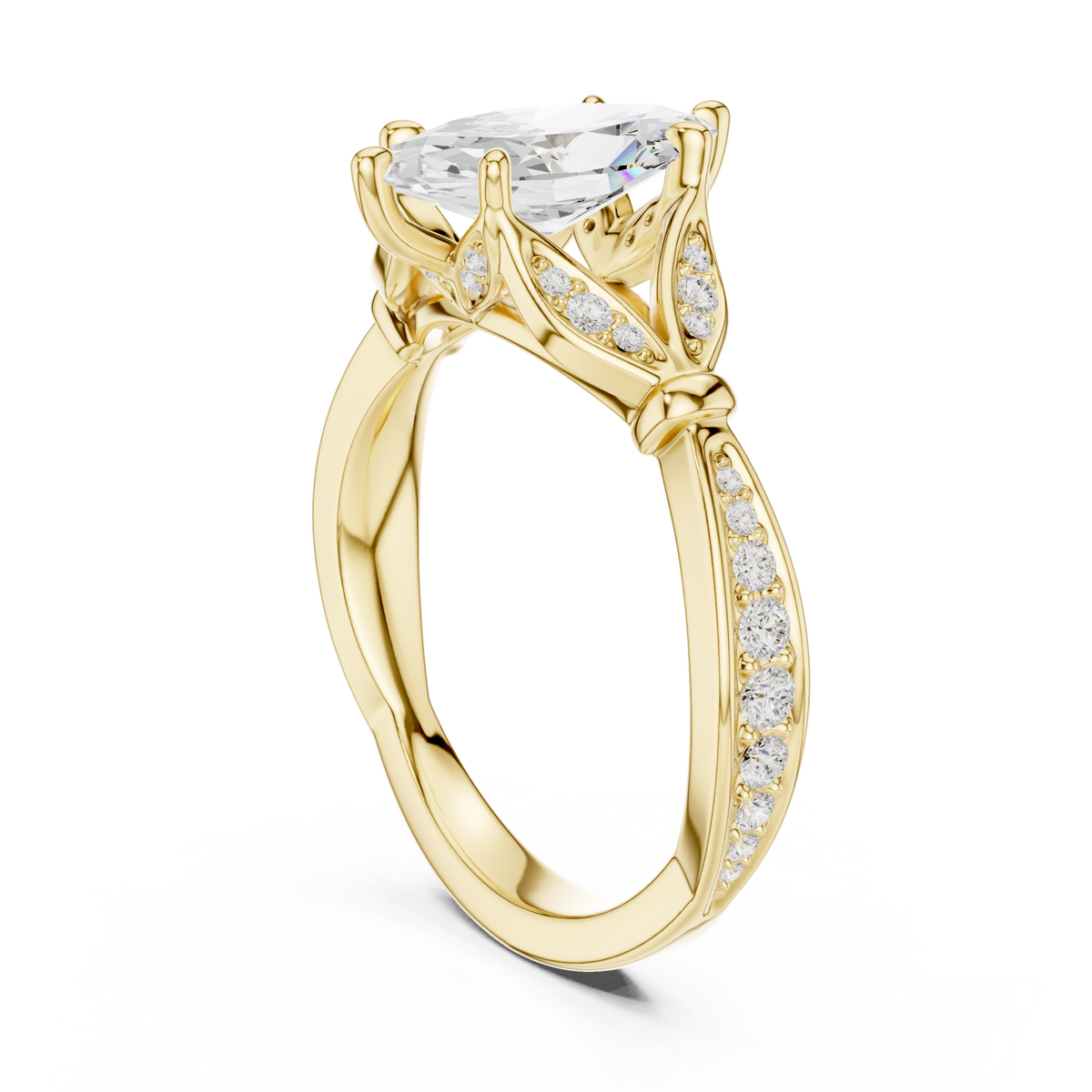 Marquise floral leaf pave engagement ring yellow gold front view