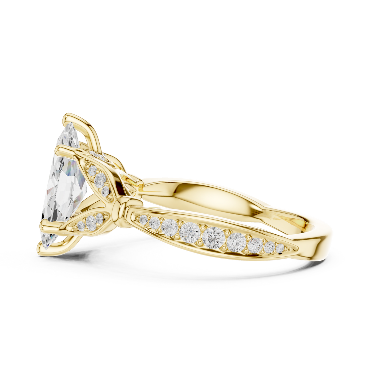 Marquise floral leaf pave engagement ring yellow gold side view