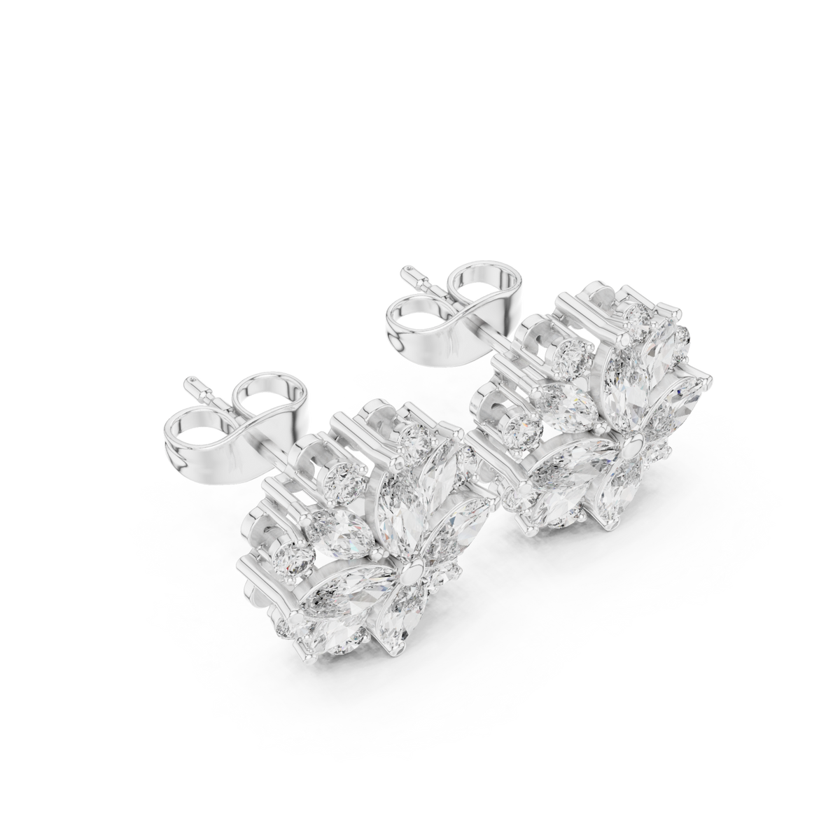  White Gold Marquise Flower Halo Studs Front View