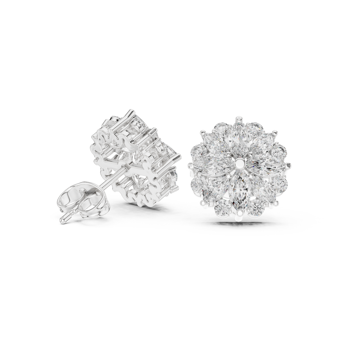  White Gold Marquise Flower Halo Studs Side View