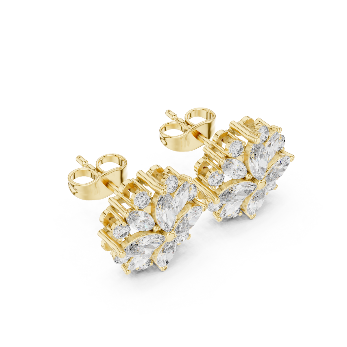 Gold Marquise Flower Halo Studs Front View