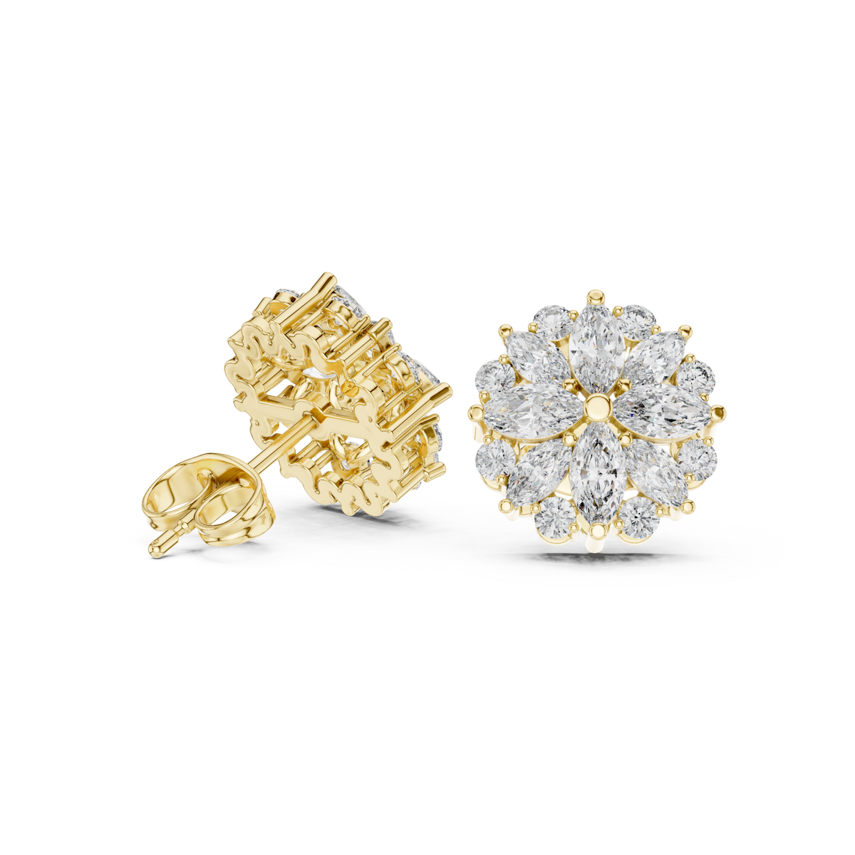  Gold Marquise Flower Halo Studs Side View