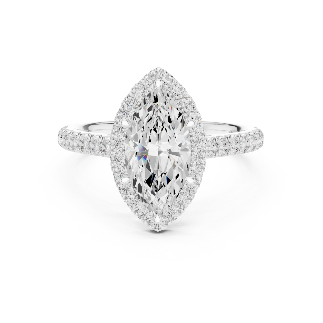 Marquise french pave halo engagement ring white gold side view