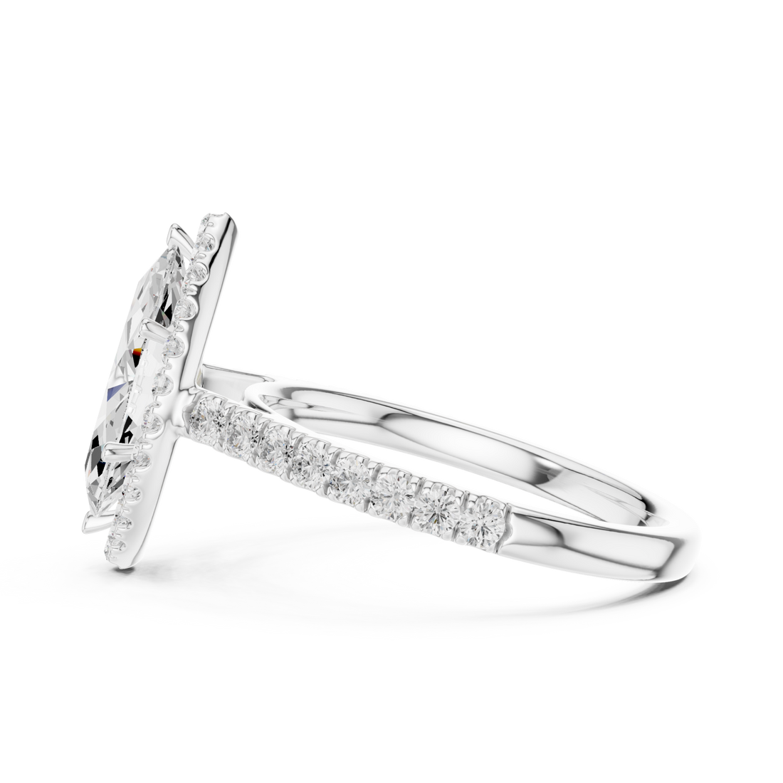 Marquise french pave halo engagement ring white gold side view