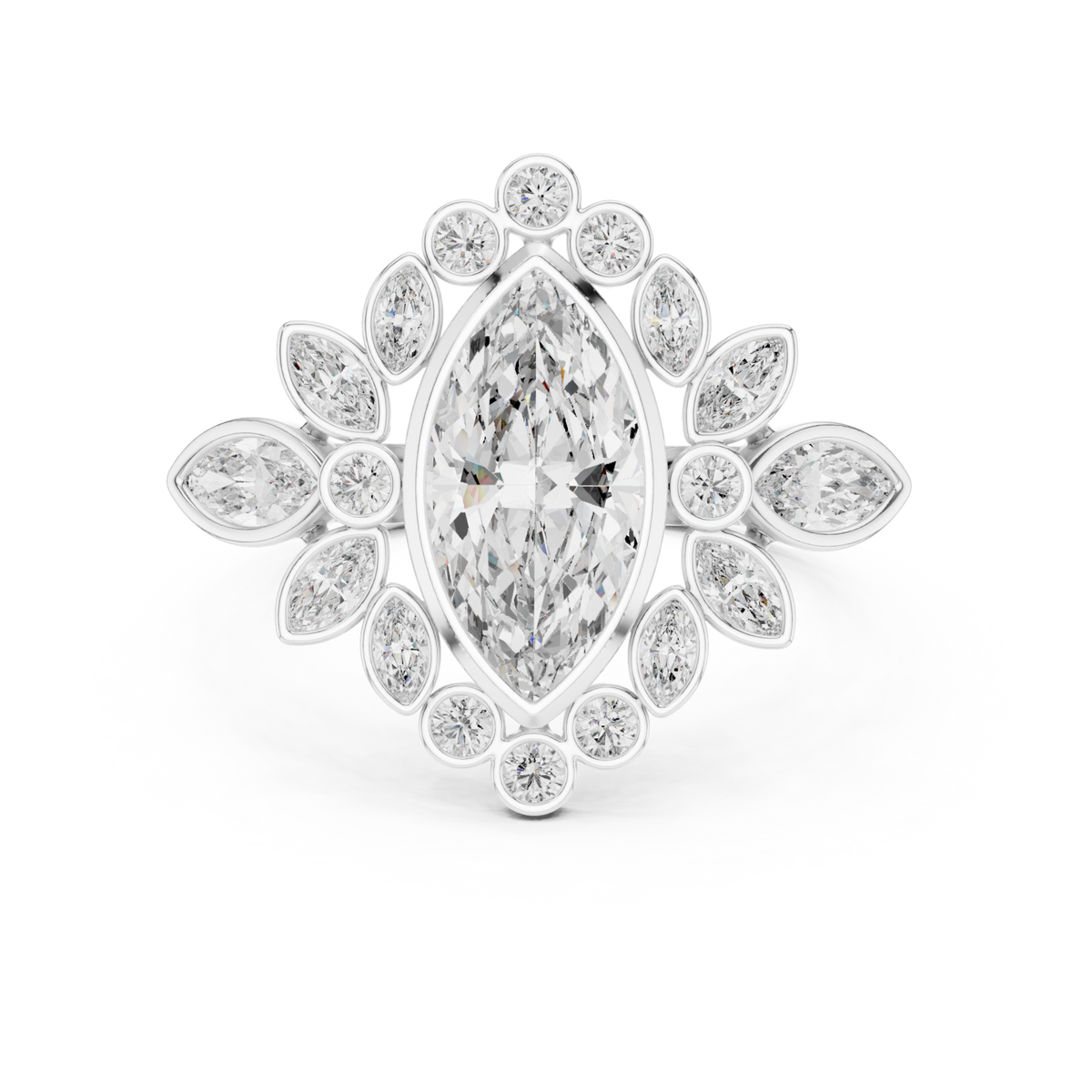 Marquise garland cluster ring white gold detail view