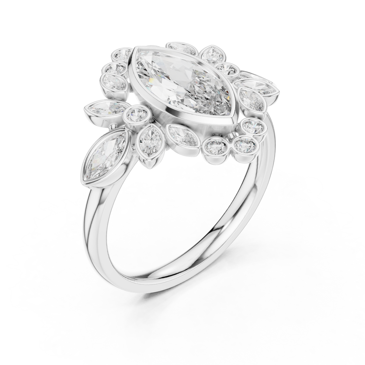 Marquise garland cluster ring white gold front view