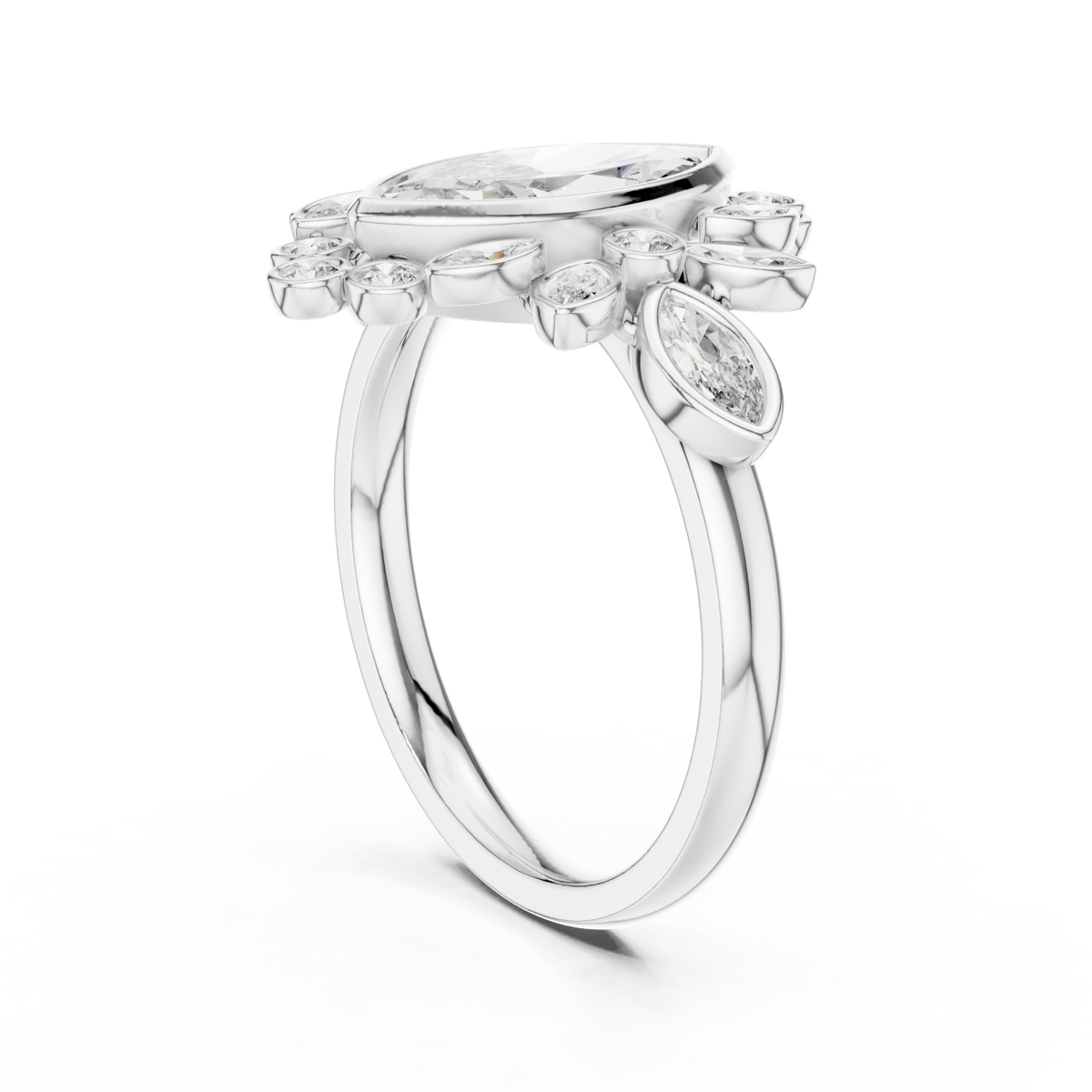 Marquise garland cluster ring white gold side view
