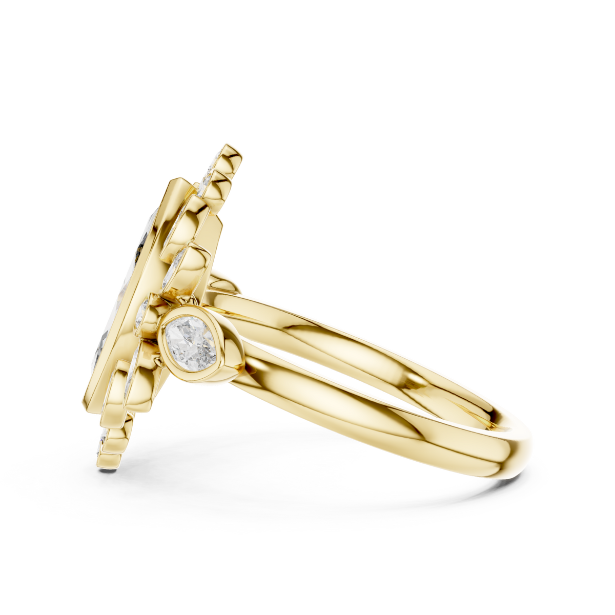 Marquise garland cluster ring yellow gold angle view