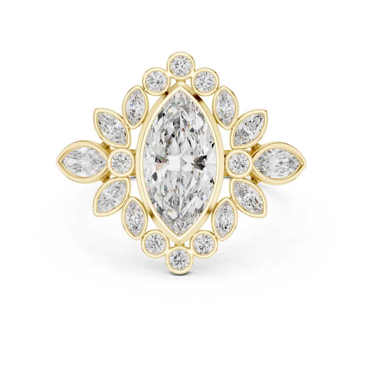 Marquise garland cluster ring yellow gold detail view