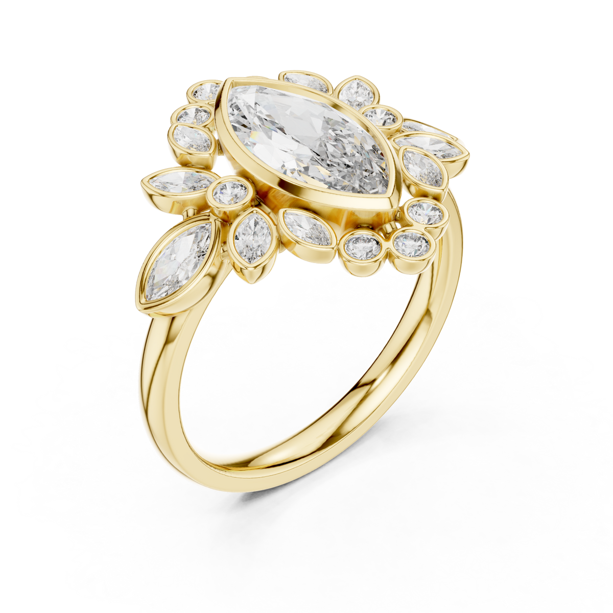 Marquise garland cluster ring yellow gold front view